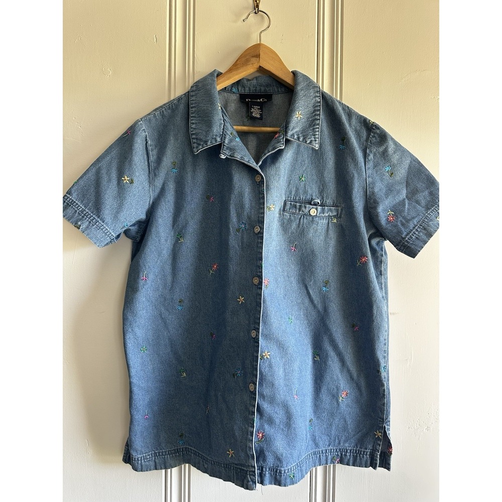 Denim & Co Chambray Shirt Women Large Embroidered Floral Button Up Cottagecore